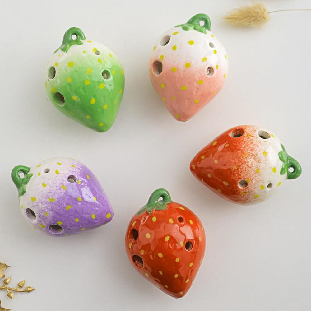 Ceramic strawberry ocarina flutes in pastel colors with gold speckles for beginners