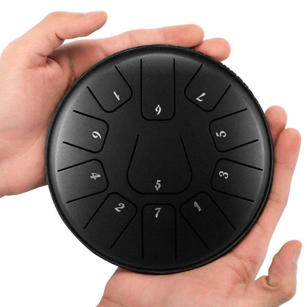 Black circular steel tongue drum with numbered sections in D Key, 11 notes