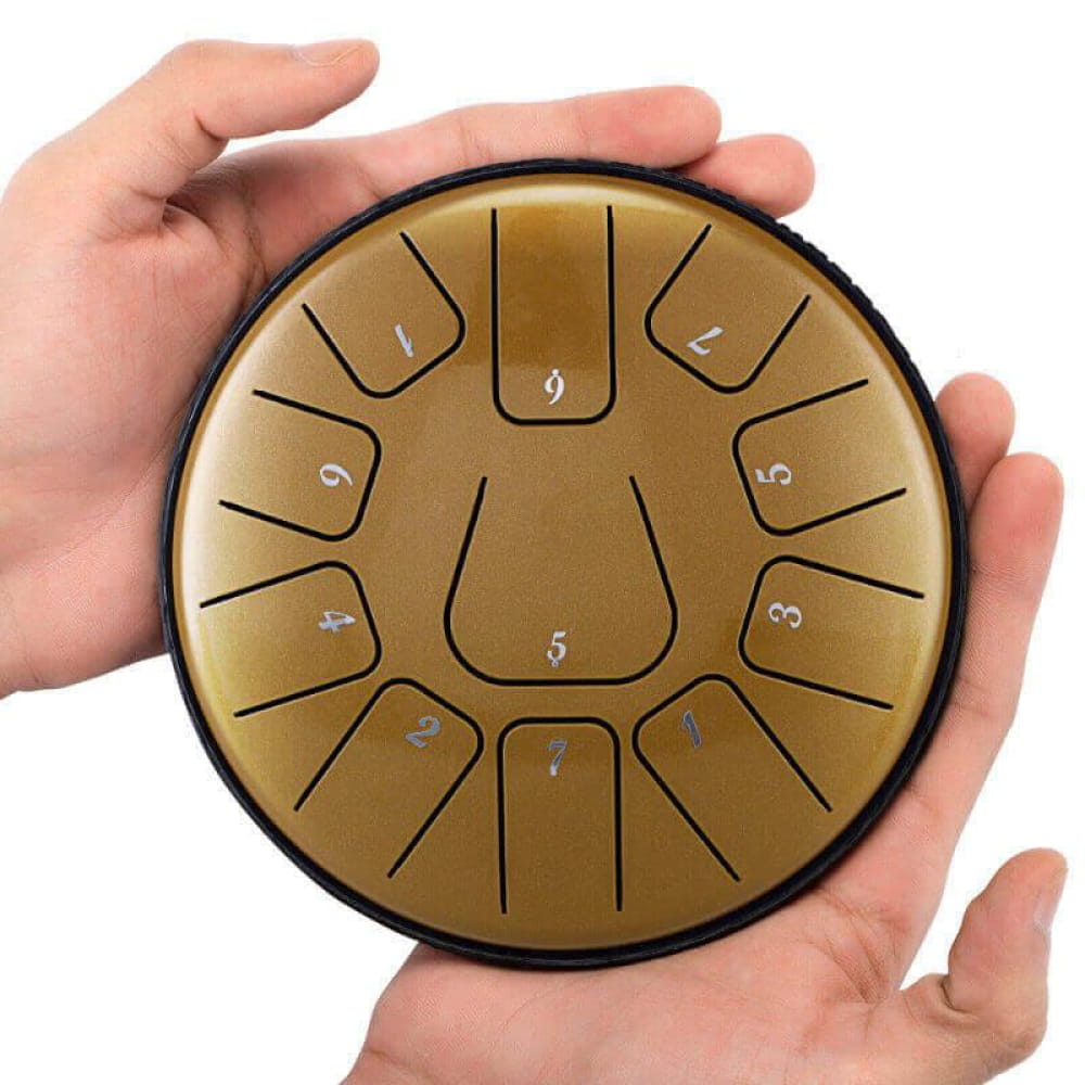 Gold-colored Carbon Steel Tongue Drum held in hands, featuring 11 notes in D Key