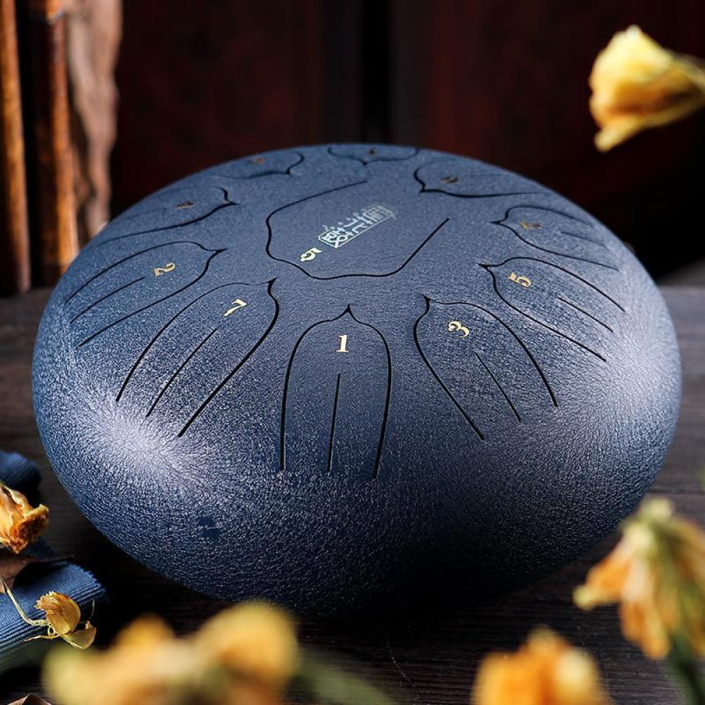 Steel tongue drum in dark blue-gray finish featuring etched tone zones for beginners