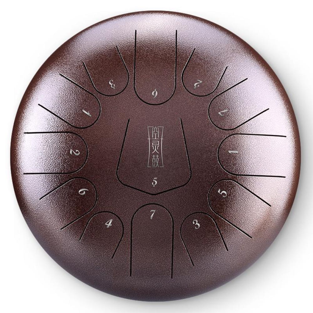 Circular brown steel tongue drum with numbered tone fields for beginners and kids