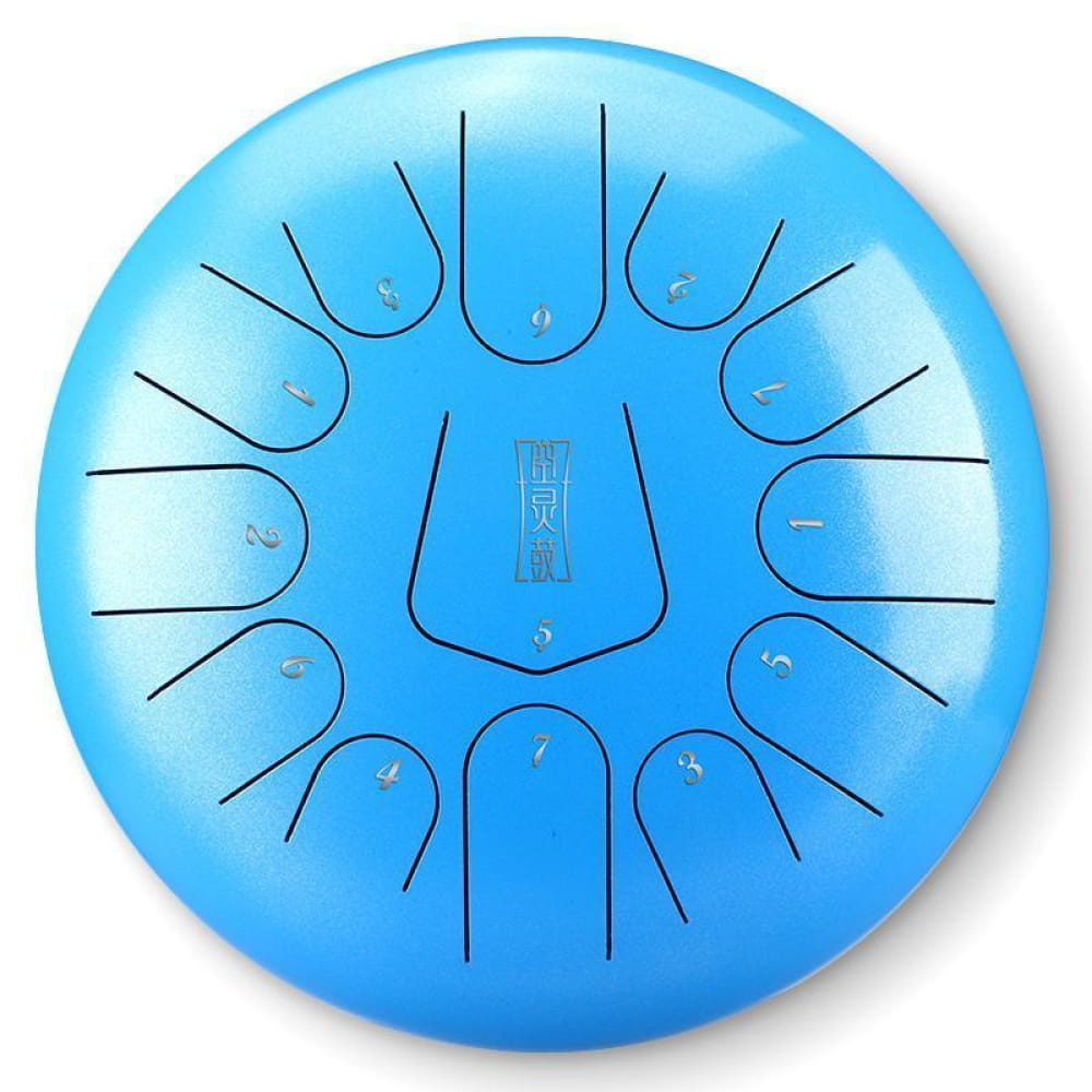 Blue Steel Tongue Drum with curved tone fields, designed for beginners and kids