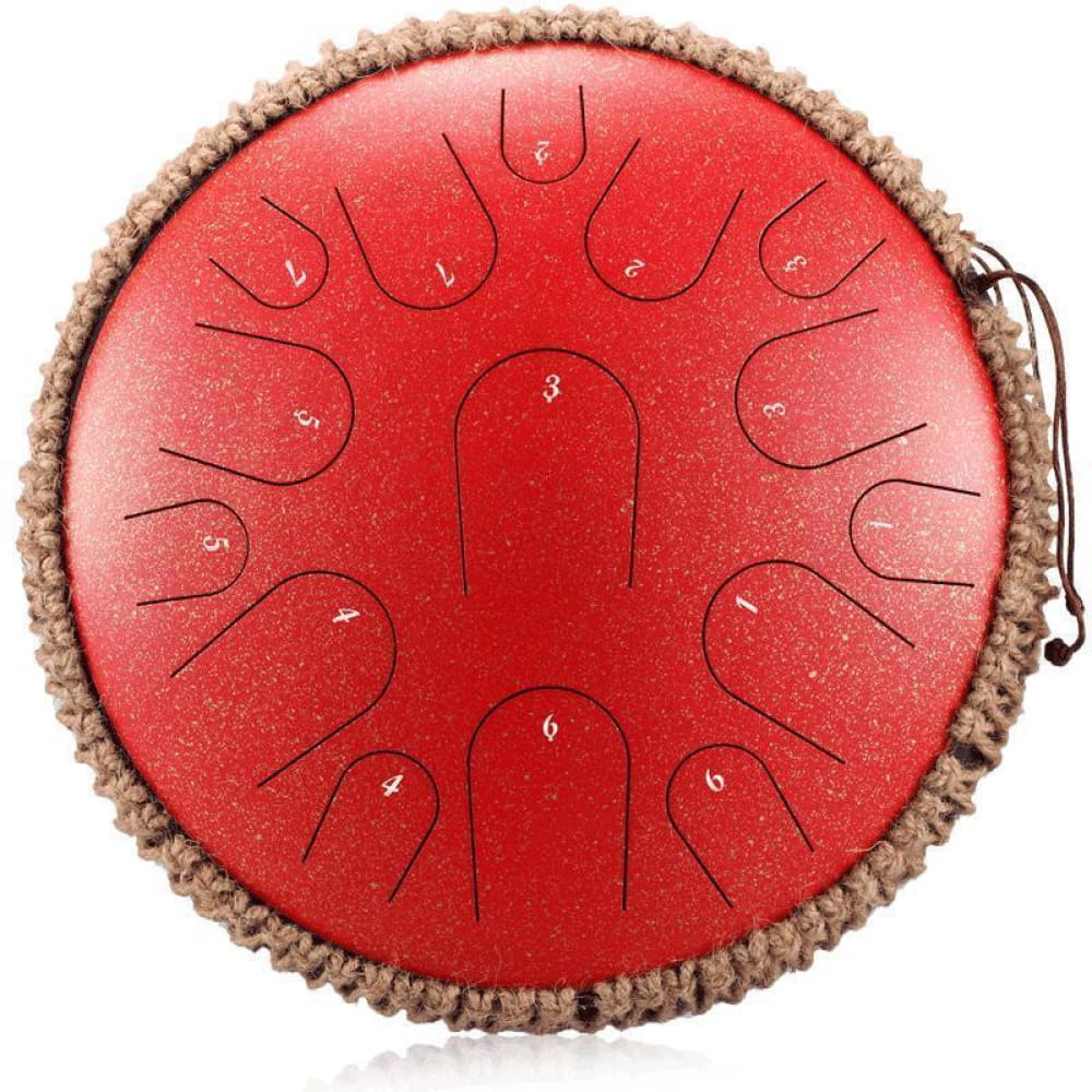 Red Steel Tongue Drum with 8 Notes for Beginners and Kids, featuring decorative trim