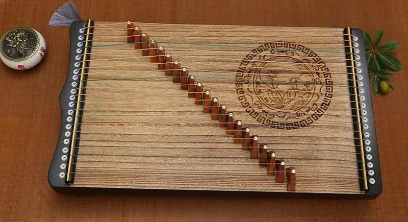 Wooden Guzheng 21-string Chinese zither with decorative engraved seal design