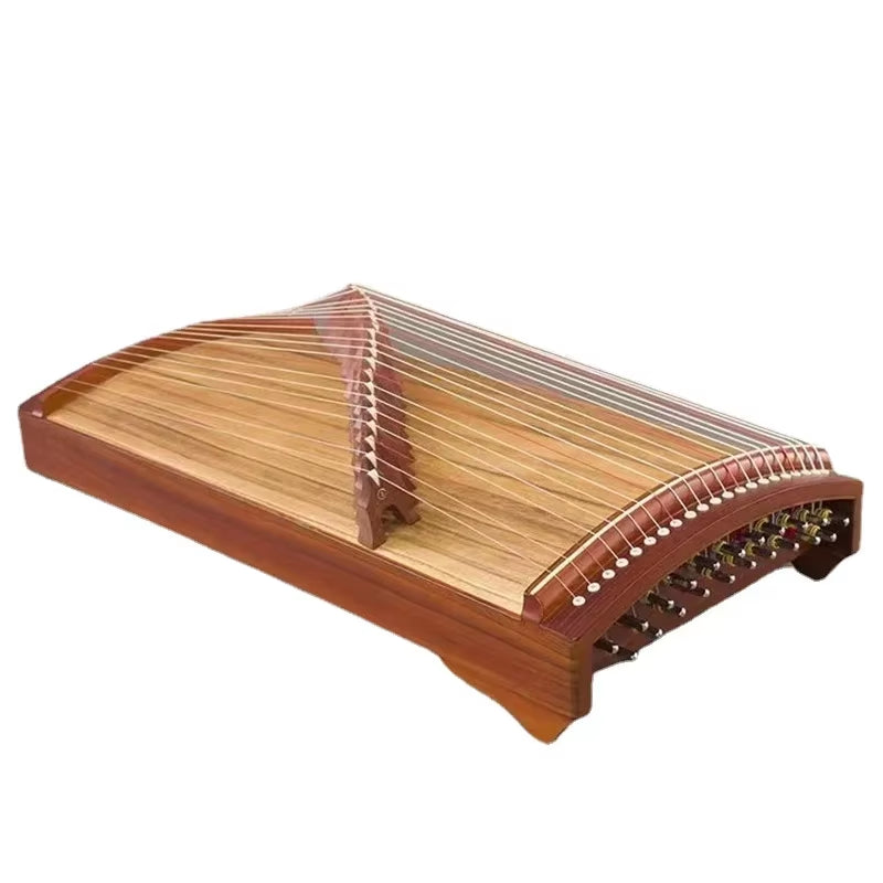 Traditional wooden Guzheng Chinese zither with multiple strings and curved body design
