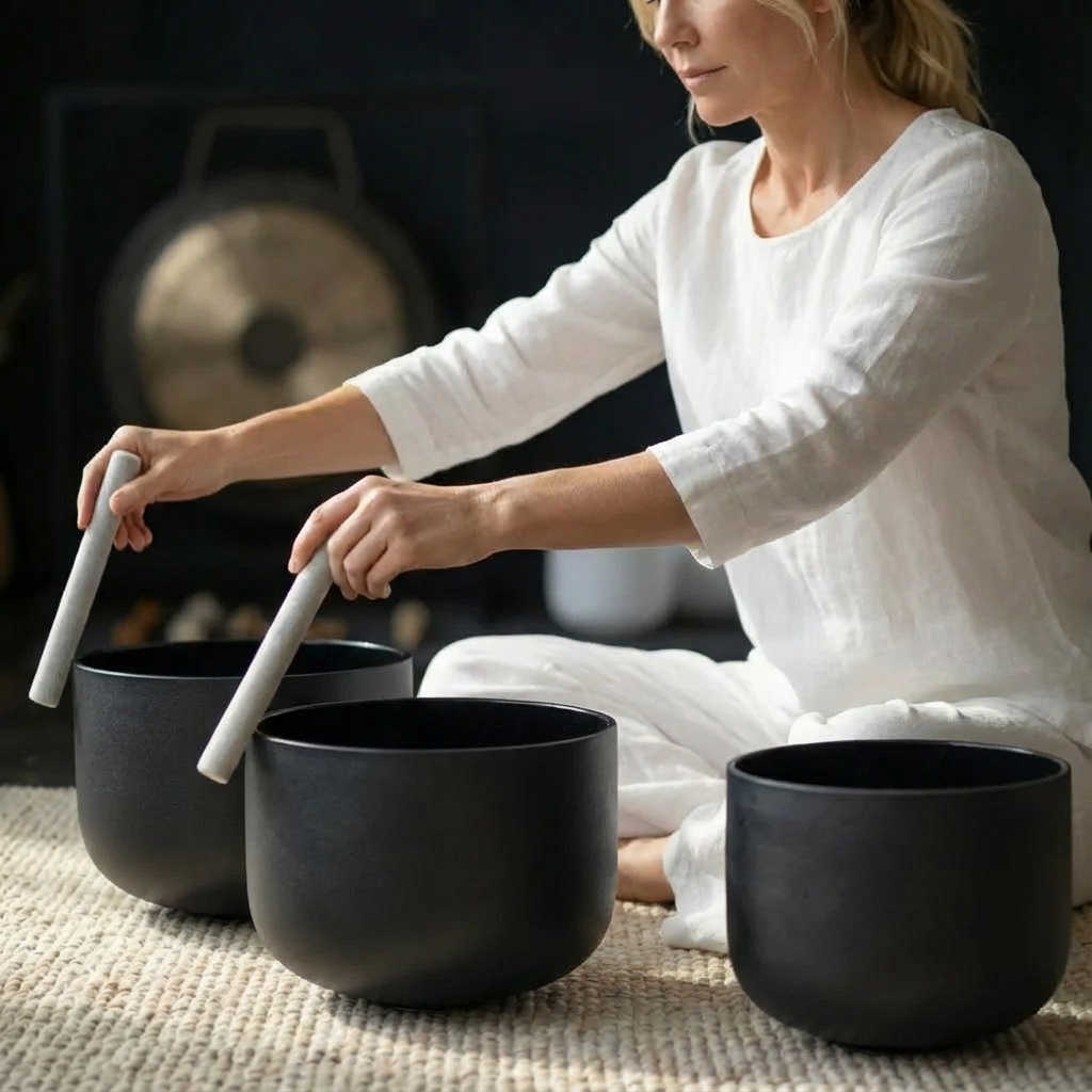 7 PCS Black Crystal Singing Bowl Set for Sound Bath