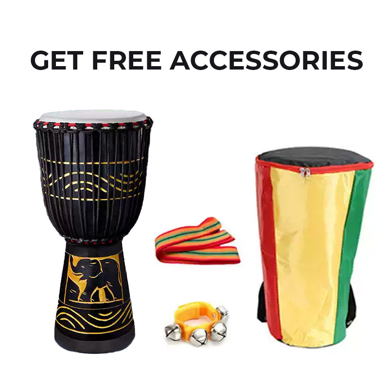 African Djembe drum with black and gold carvings in 8, 10, 12 inch hand drum set