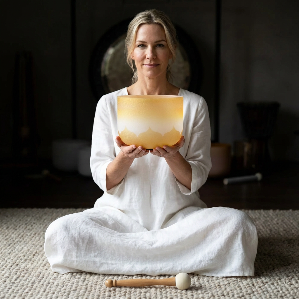 8" Golden Lotus Design Crystal Singing Bowl