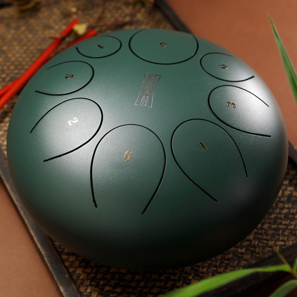 Green Steel Tongue Drum with eight tone fields for children, in F key, 8-inch size