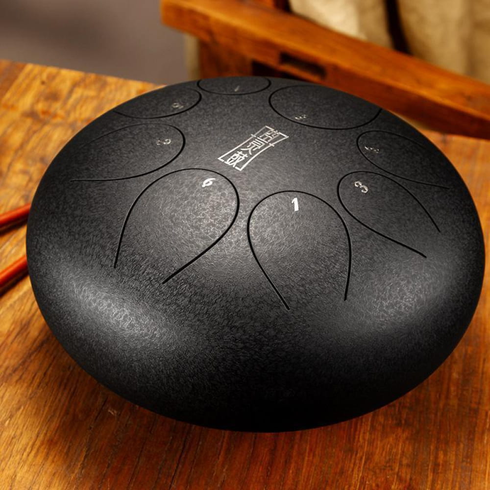 Black Steel Tongue Drum with circular tone markings, 8 Note F Key for Children