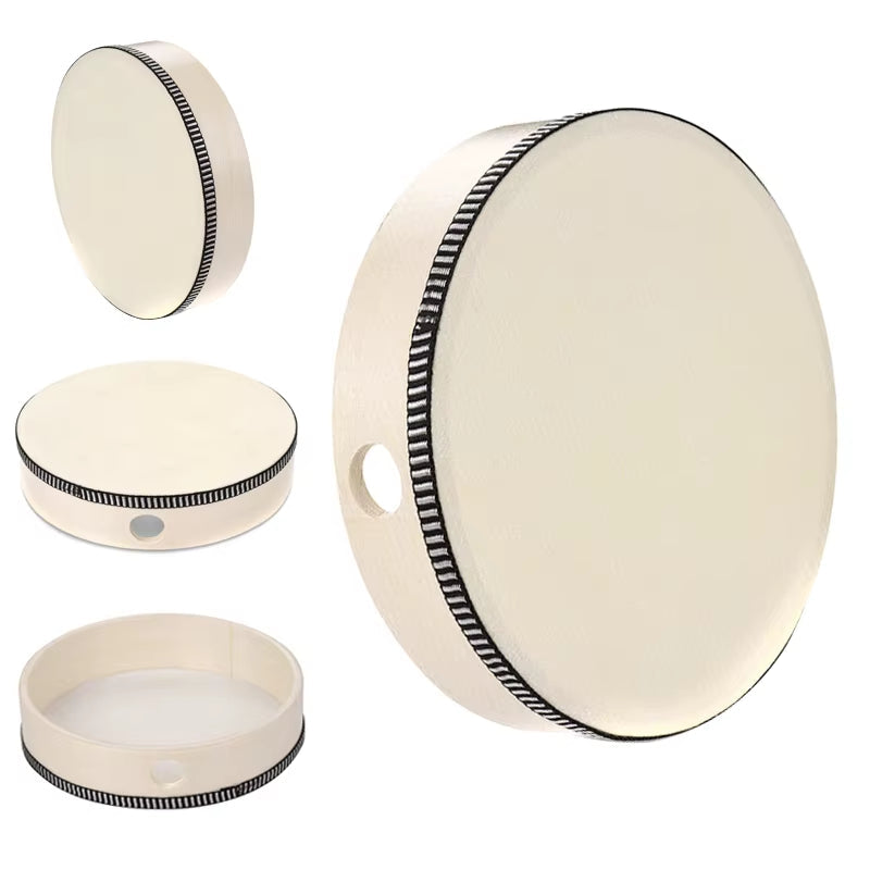 White tambourine with black striped trim for 8-Inch Wooden Frame Drum for Kids Music Fun