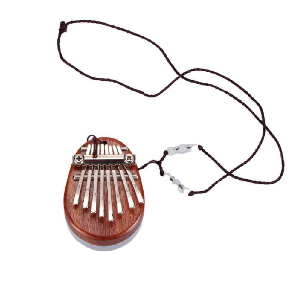 Wooden Kalimba thumb piano with metal tines and beaded neck strap for beginners