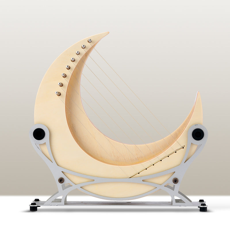 Cream-colored crescent moon cradle on a metal rocking stand for 8-String Mini Lyre Harp