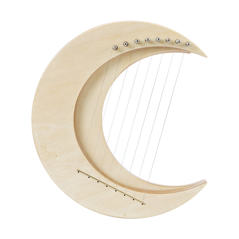 Crescent moon-shaped wooden 8-string lyre harp instrument with strings