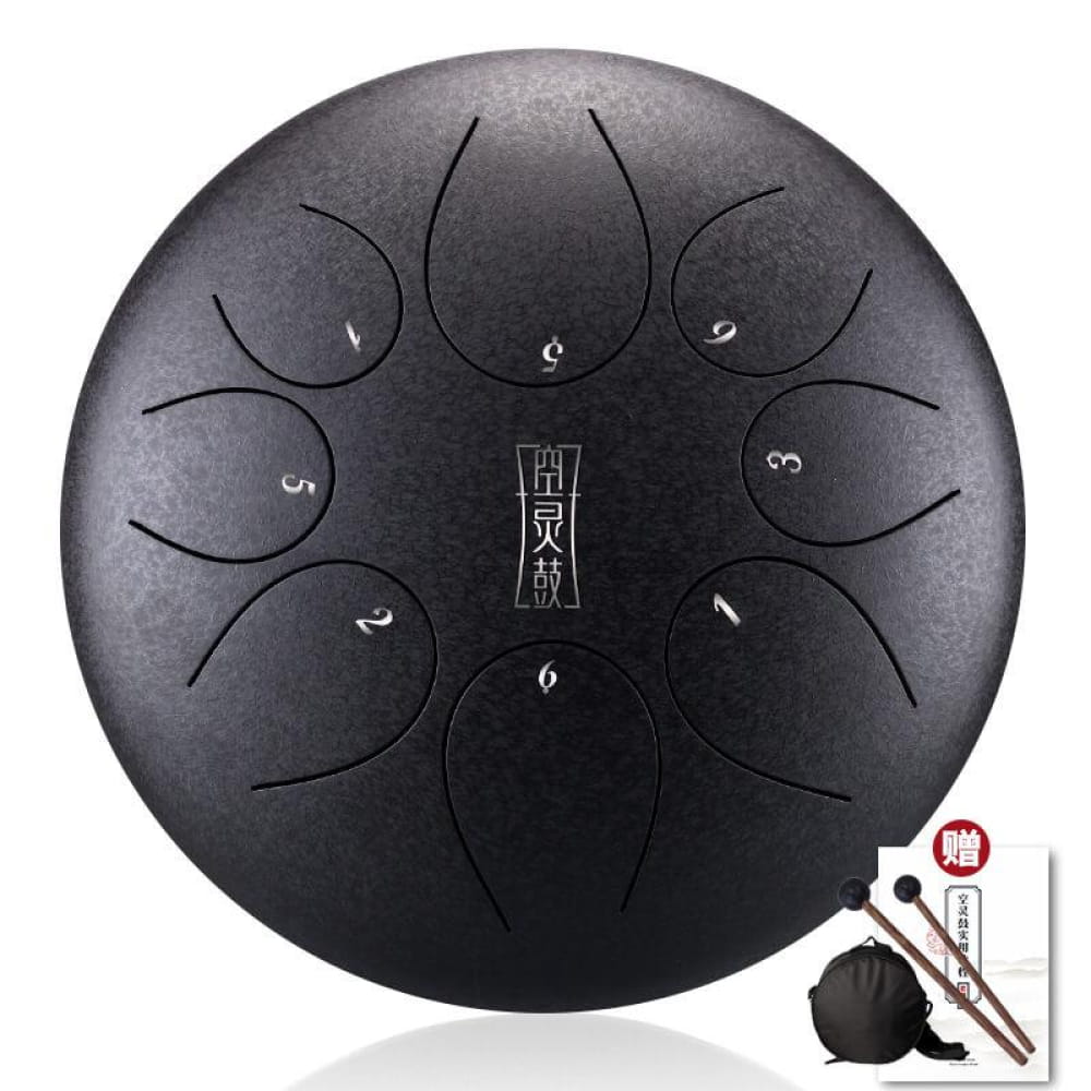 Black steel tongue drum with eight tonal sections for soothing music creation