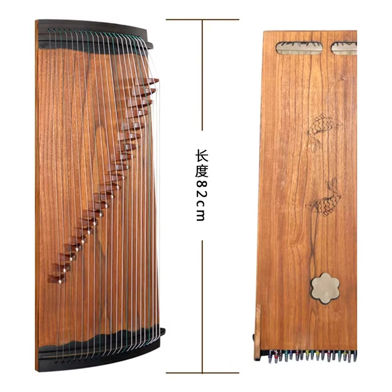 Traditional Chinese Guzheng instrument with wooden body and 21 strings in elegant design