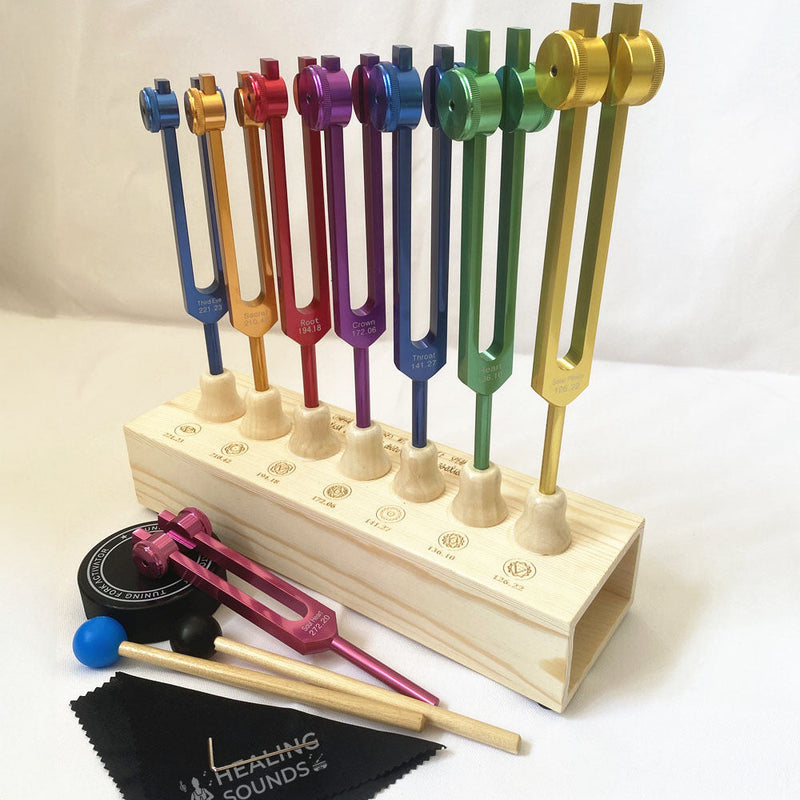 Colorful Chakra Healing Tuning Forks with Stand and Mallets in Wooden Holder