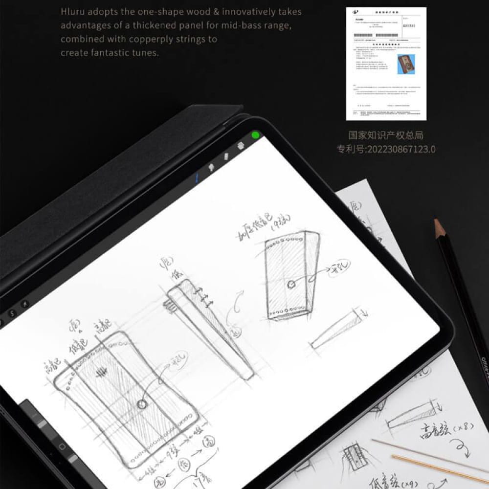 Technical sketch of a phone case design on a tablet screen for Adjustable Lyre Harp
