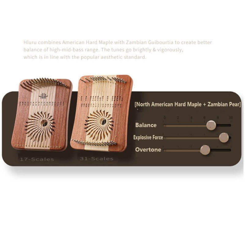 Two wooden kalimbas with sun-ray designs on an Adjustable 17/31-String Lyre Harp