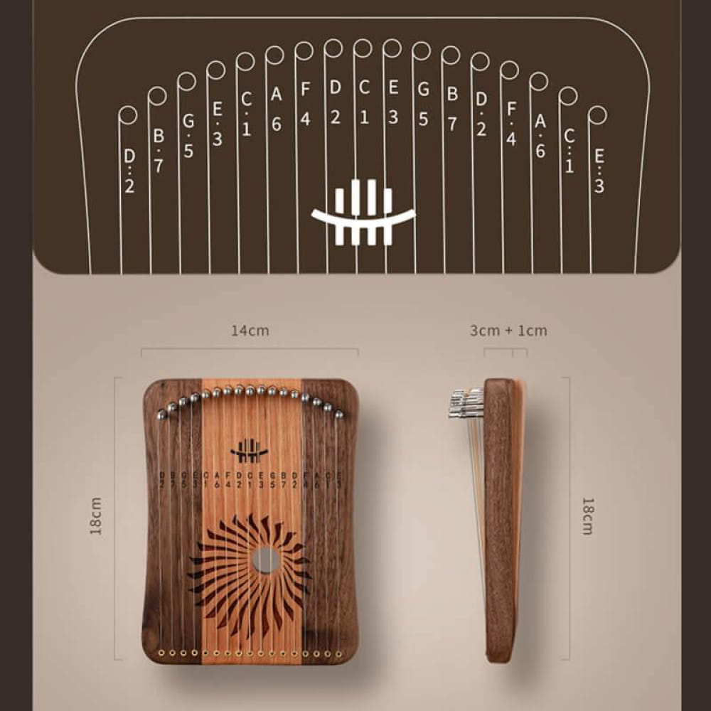 Wooden kalimba with sunburst design for Adjustable 17/31-String Lyre Harp in C Tone