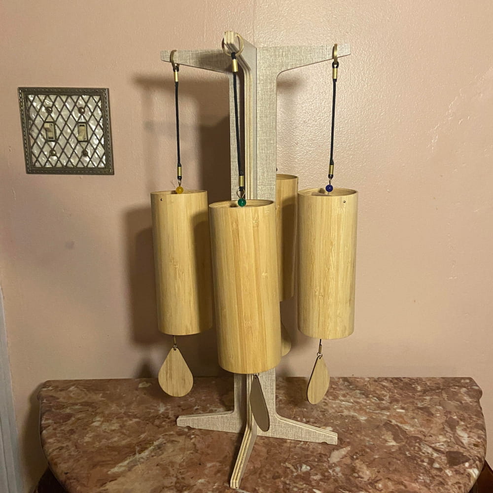 Yellow bamboo wind chimes on metal stand for Adjustable Stand for Chimes