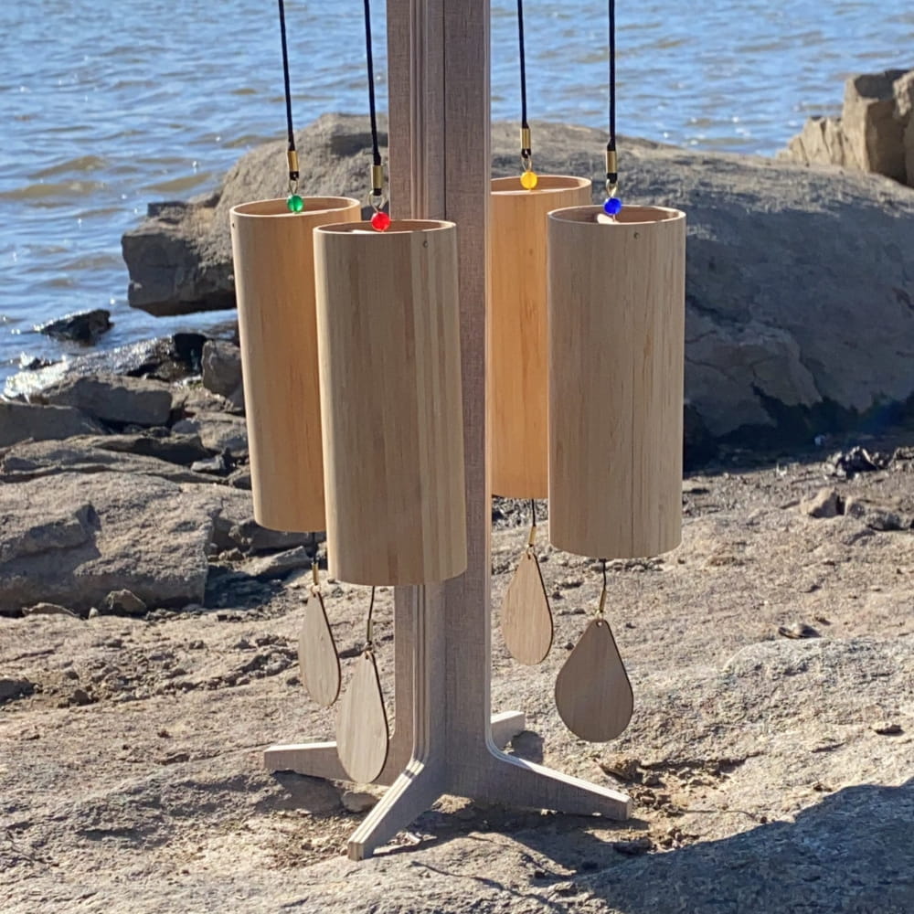 Wooden wind chimes with cylindrical tubes on an Adjustable Stand for Chimes