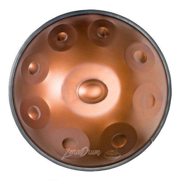 Copper-colored C# Amara Handpan Drum with dimples, perfect for beginners and pros