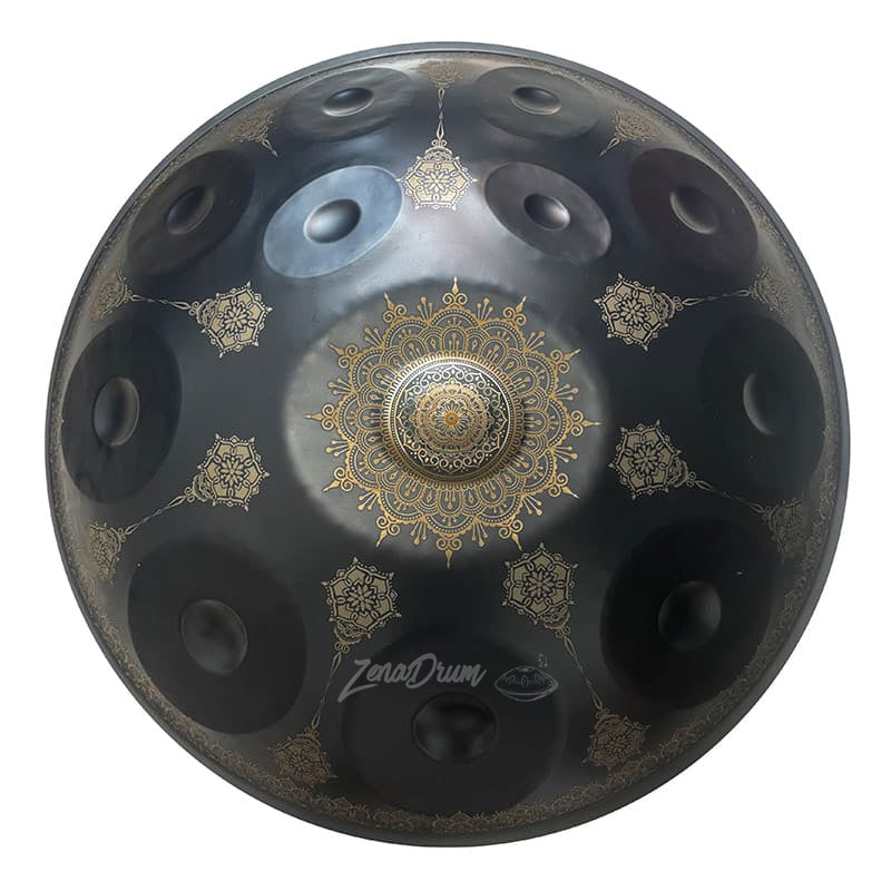 Black Handpan Drum with Golden Mandala Designs for C Major, 432Hz, 9/10/12 Notes