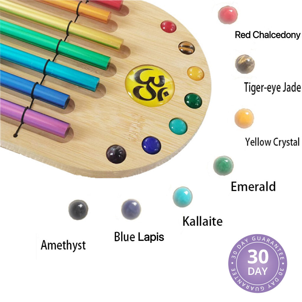 Wooden artist’s palette with colorful markers and gemstones for Chakra Energy Chimes Set