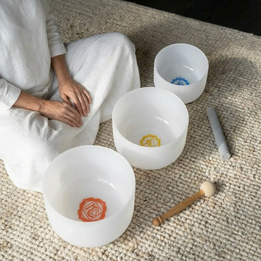 Chakra Symbol 3 PCS 8"G 10"E 12"C Crystal Singing Bowl Set