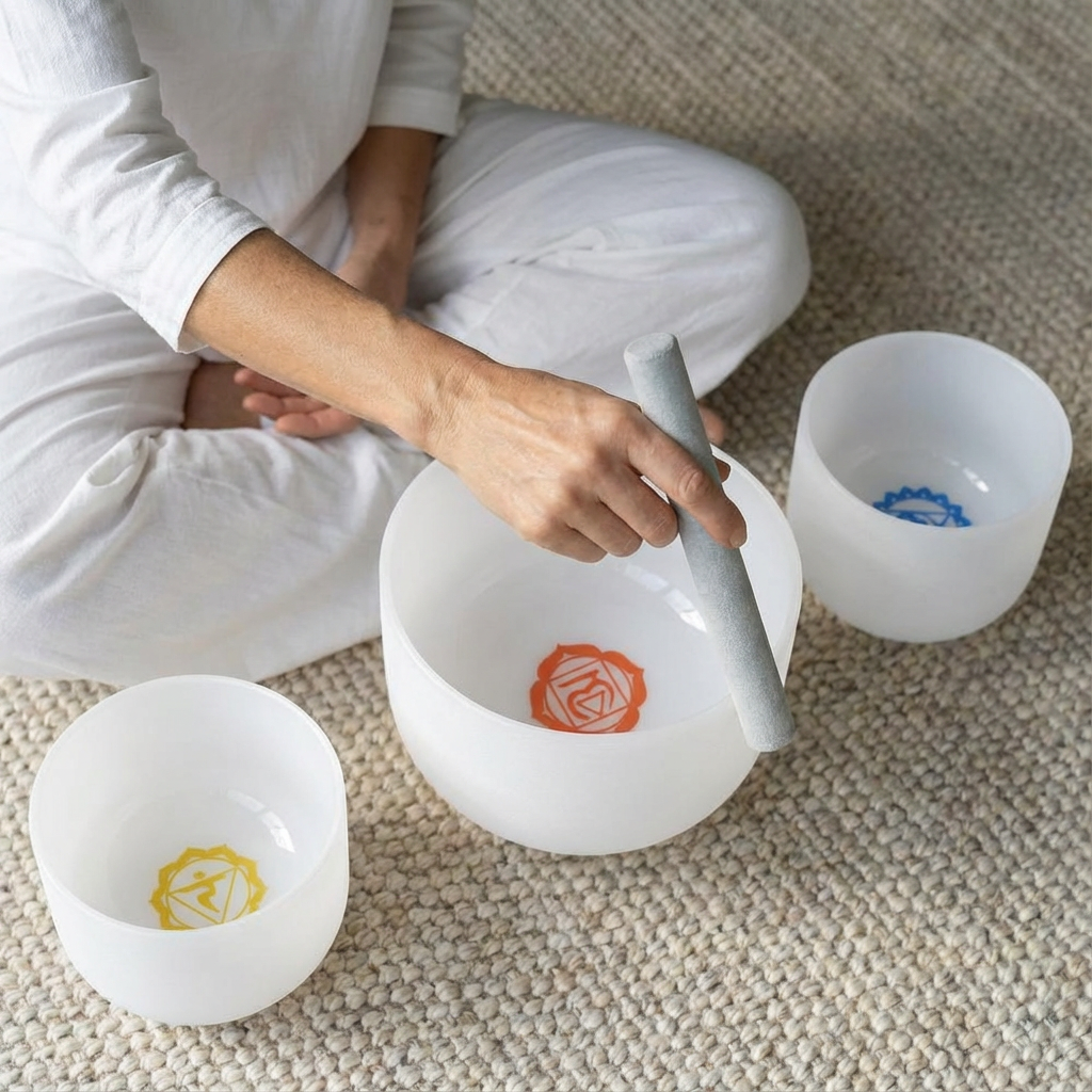 Chakra Symbol 3 PCS 8"G 10"E 12"C Crystal Singing Bowl Set