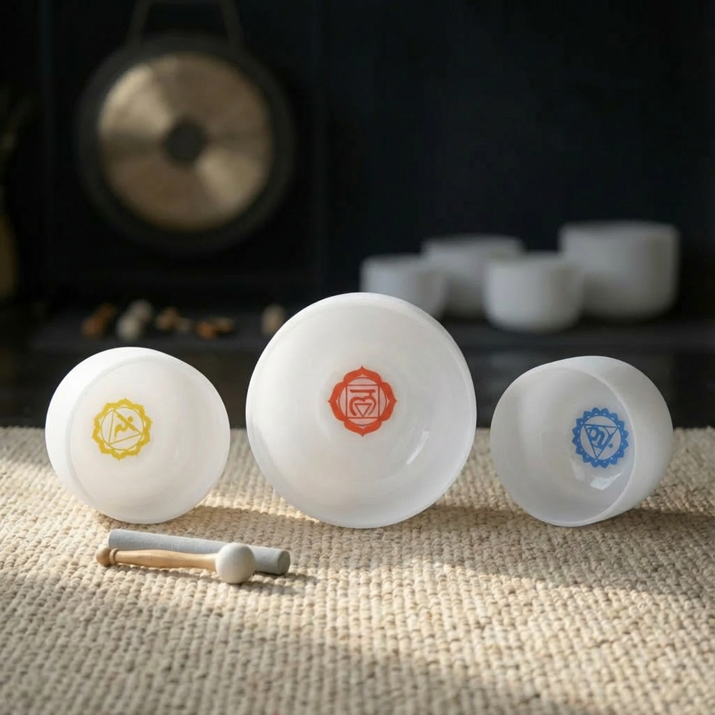 Chakra Symbol 3 PCS 8"G 10"E 12"C Crystal Singing Bowl Set