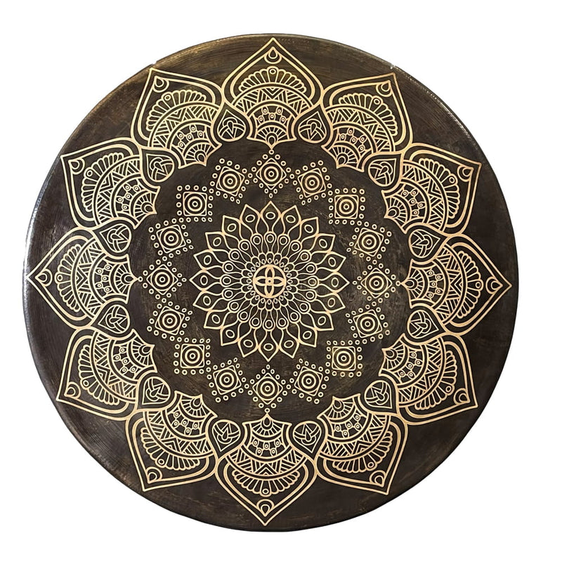 Circular mandala design with white patterns on dark brown for Chinese Mandala Gong