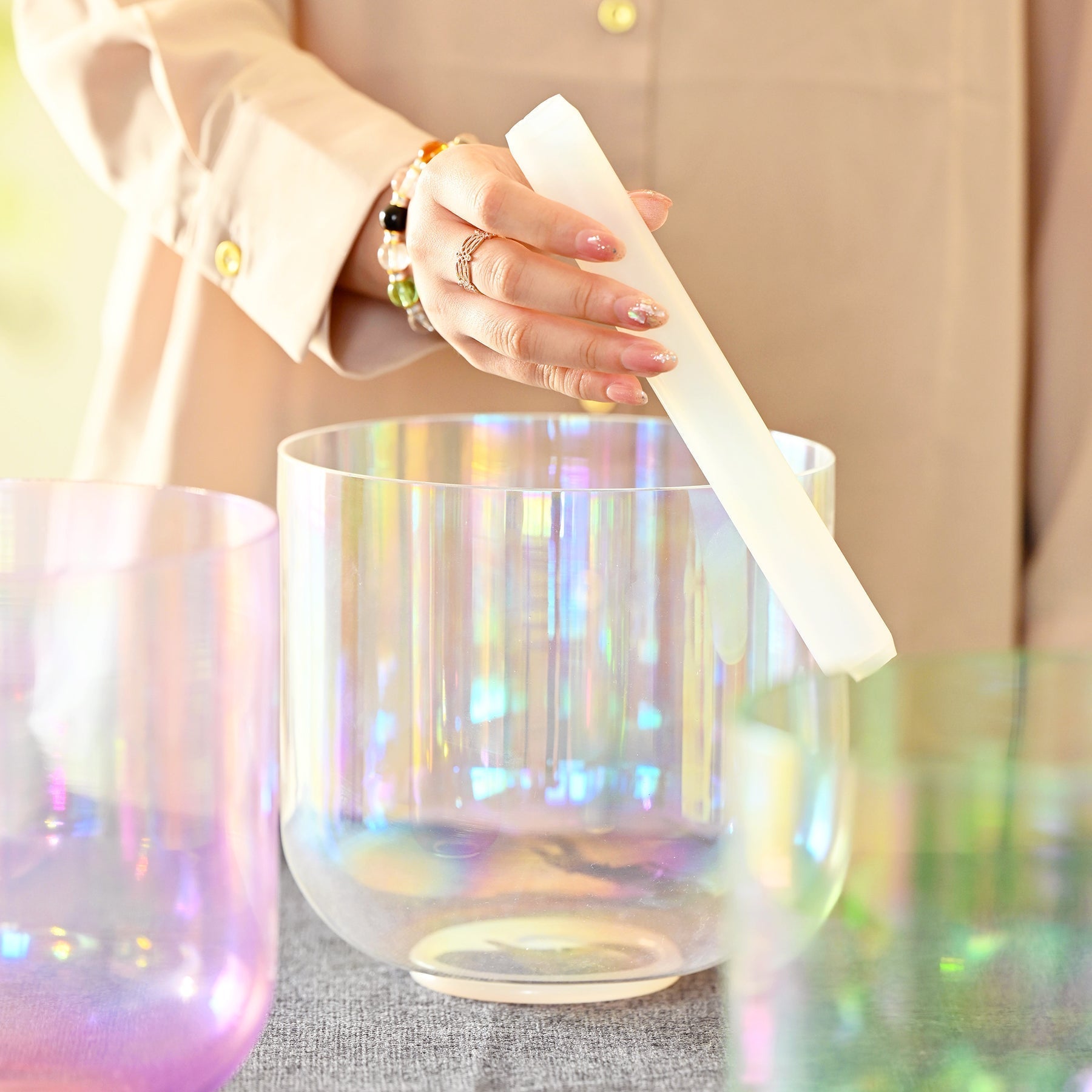 Iridescent Clear Rainbow Quartz Crystal Singing Bowl with white mallet for Chakra Healing