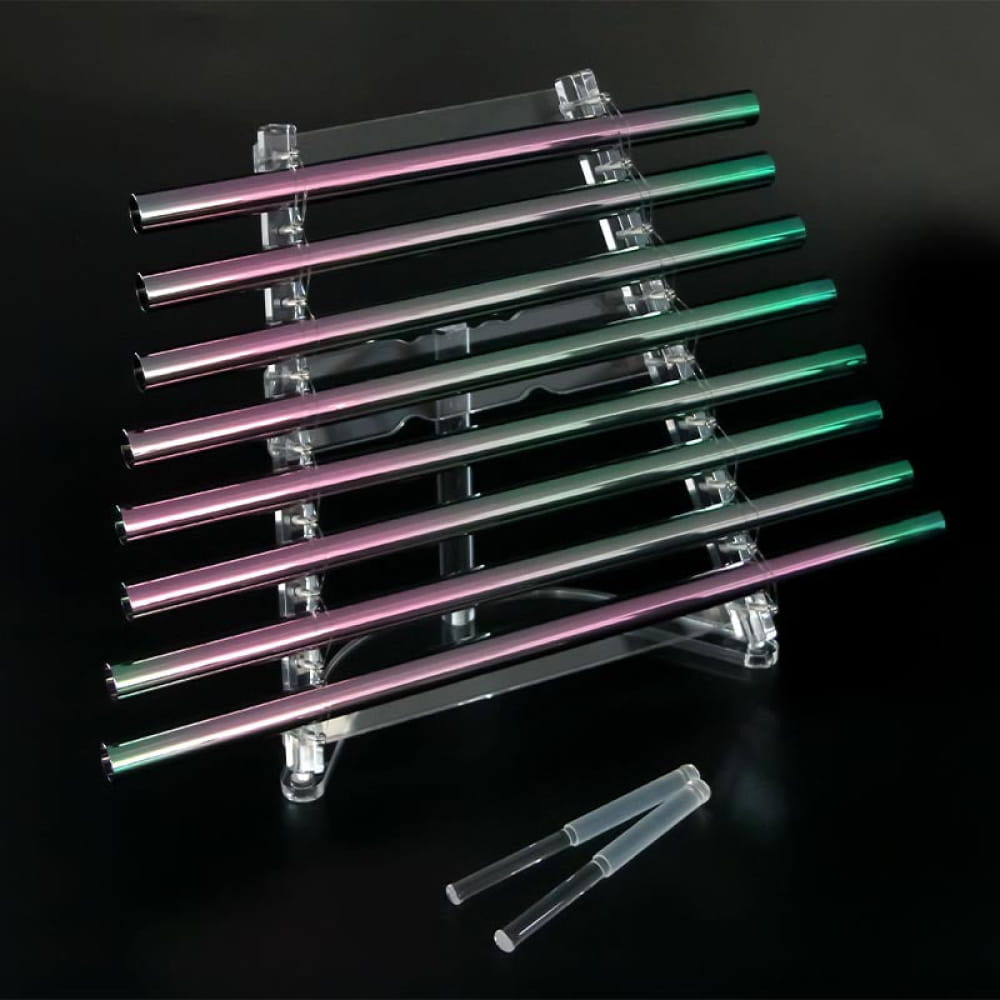 Stack of clear acrylic drawer handles with pink and green gradient for Colorful Quartz Crystal Harp
