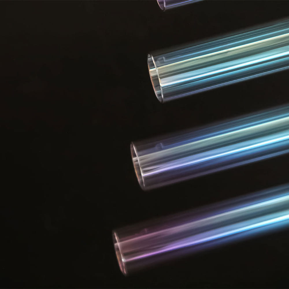 Iridescent tubes with rainbow colors in Colorful Quartz Crystal Harp for sound healing