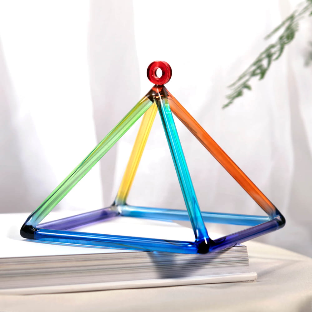Colorful Quartz Crystal Singing Pyramid with red loop apex for meditation and healing