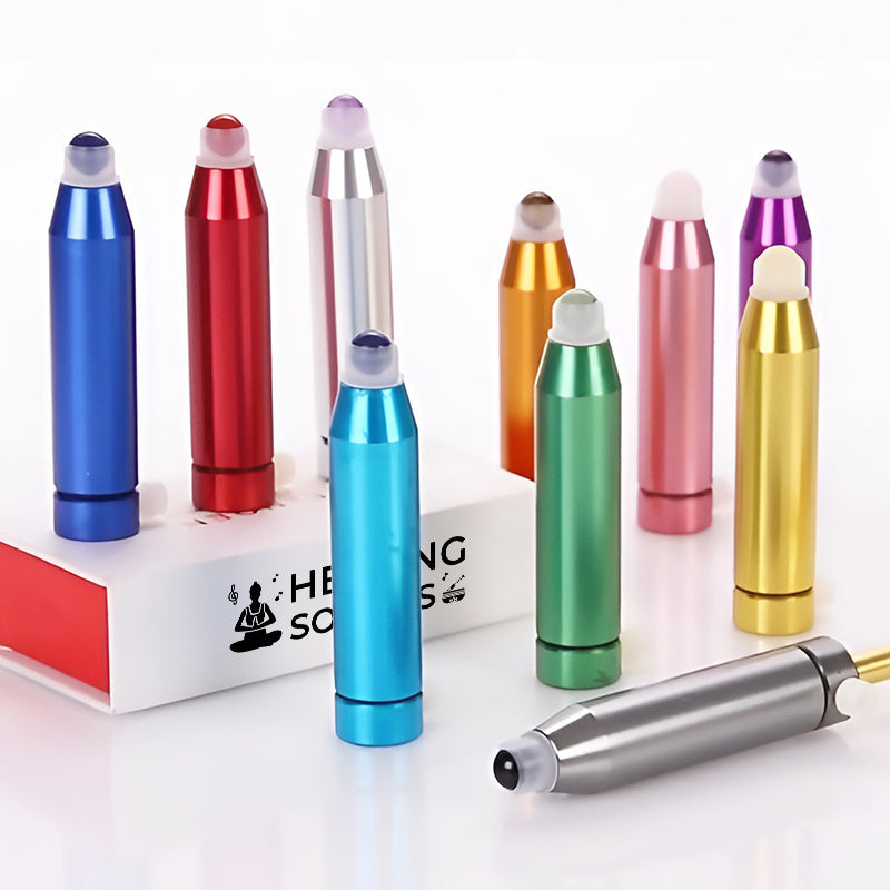 Colorful metal bullet-shaped massage rollers for Complete 9pc Weighted Solfeggio Set