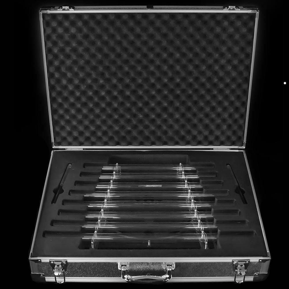 Metal carrying case with foam padding and precision measuring rods for Crystal Quartz Singing Harp