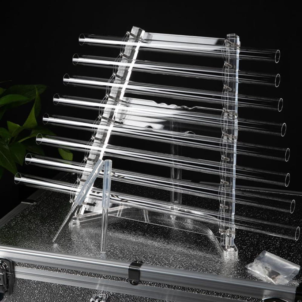 Clear glass test tube rack with slanted tubes for the Crystal Quartz Singing Harp