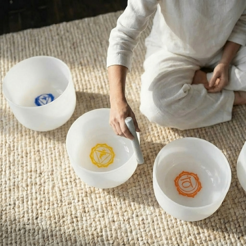 Crystal Singing Bowl Set with Chakra Symbols