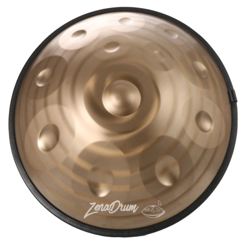 D Minor Kurd Handpan Drum with bronze metallic surface and central dome for sale