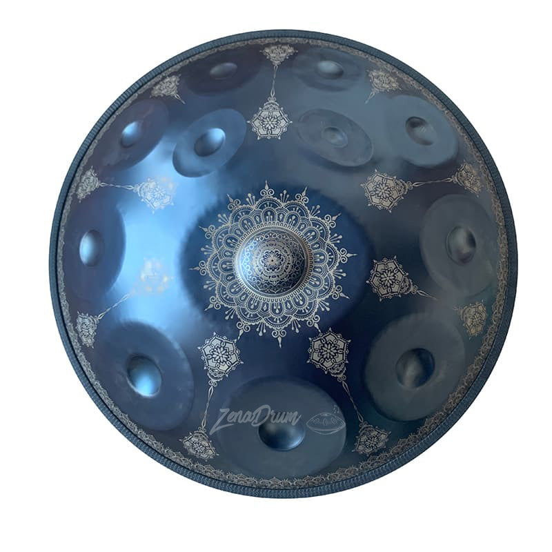 Metallic blue D Minor Kurd Handpan Drum with intricate mandala designs for sale