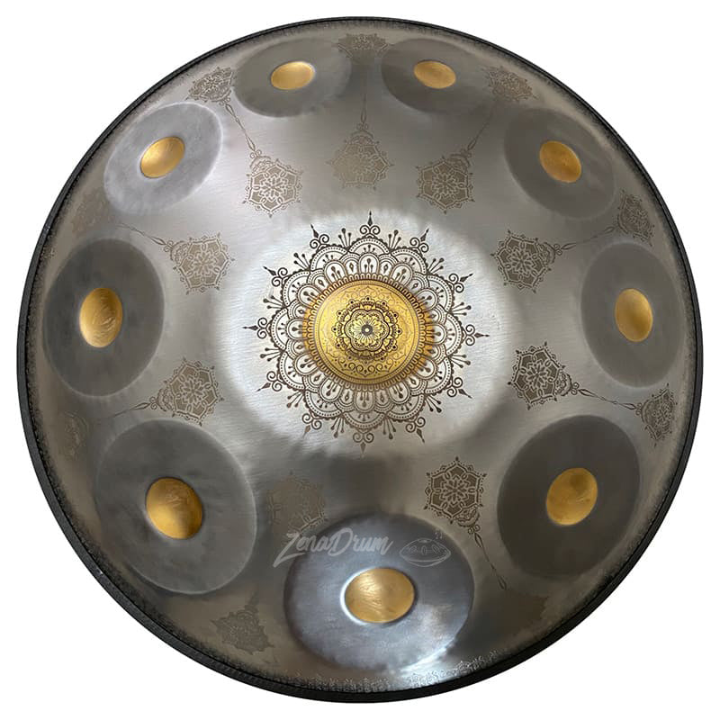 D Minor Kurd Handpan Drum featuring ornate mandala design and golden tones