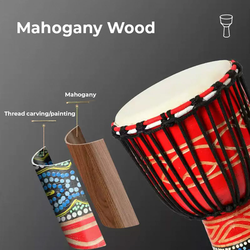 Decorative mahogany wood piece with thread carving on Djembe African Drum