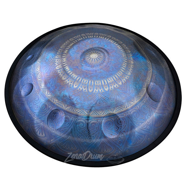 Blue F Major Handpan Drum with mandala etching, 10/14 notes, stainless steel