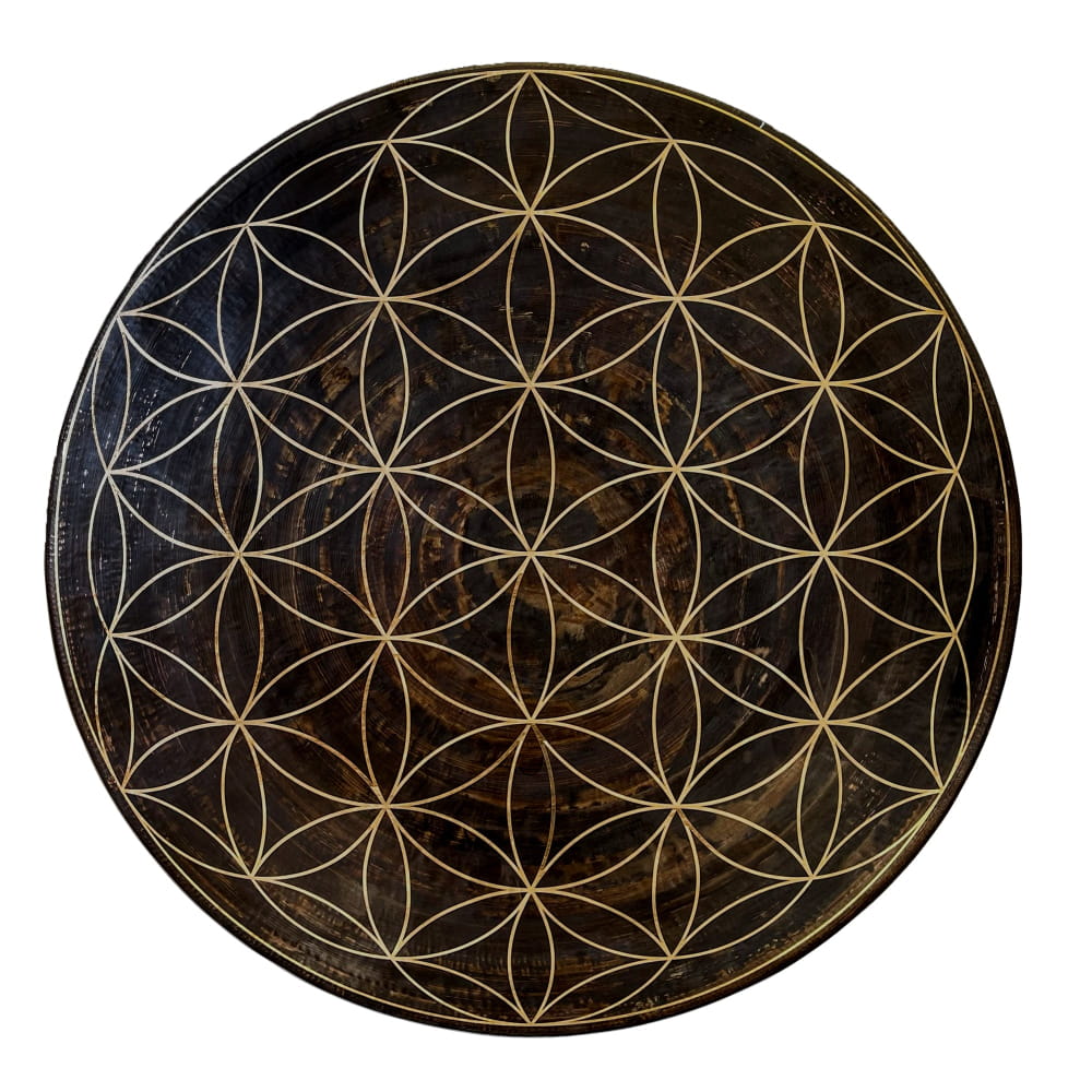 Circular black disc with intricate Flower of Life sacred geometry design for Chau Gong