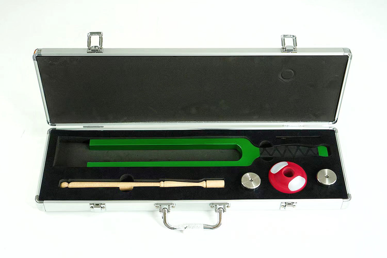 Tuning fork set in aluminum case with accessories for Giant Tuning Forks adjustable frequency
