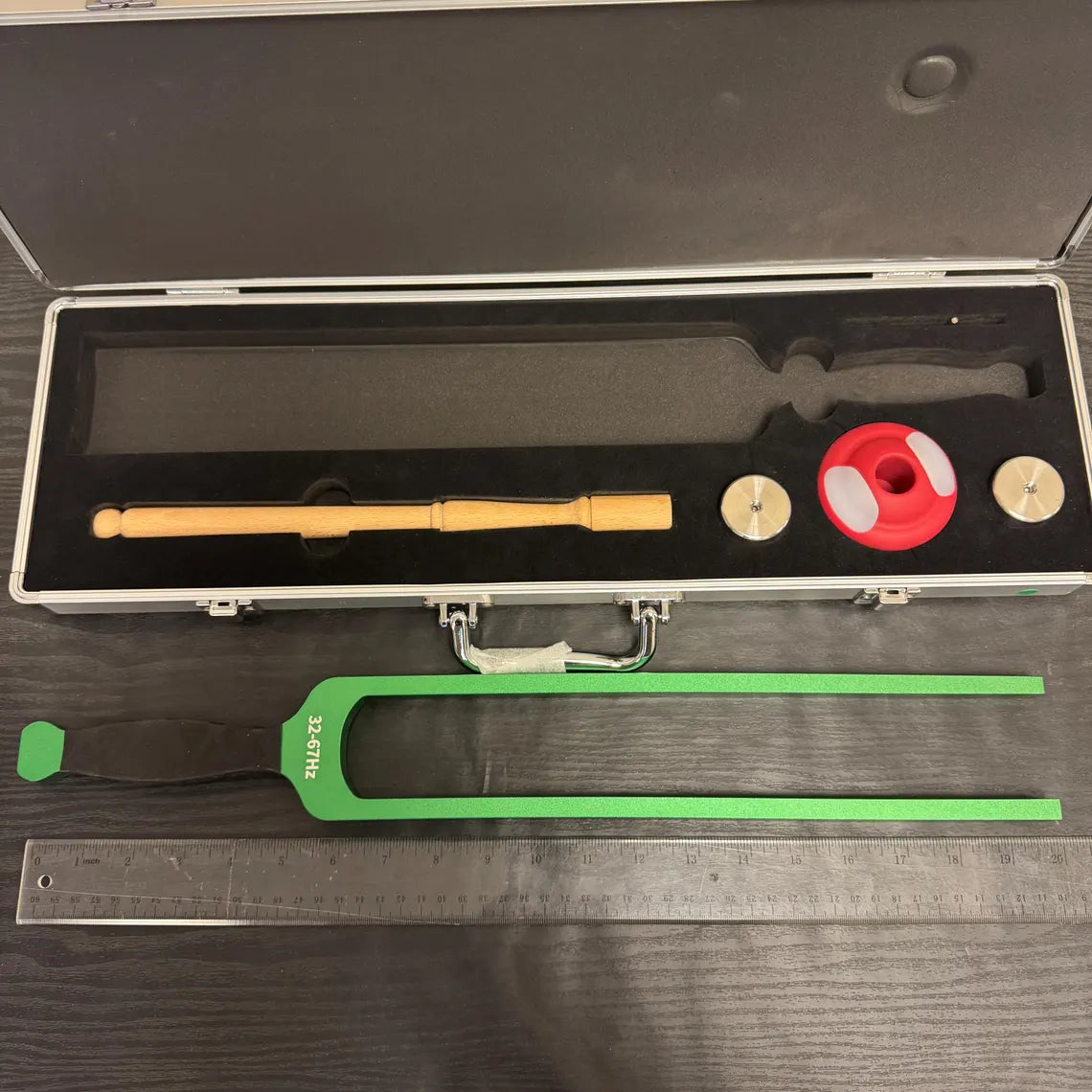 Wooden recorder flute with accessories in a black case for Giant Tuning Forks product