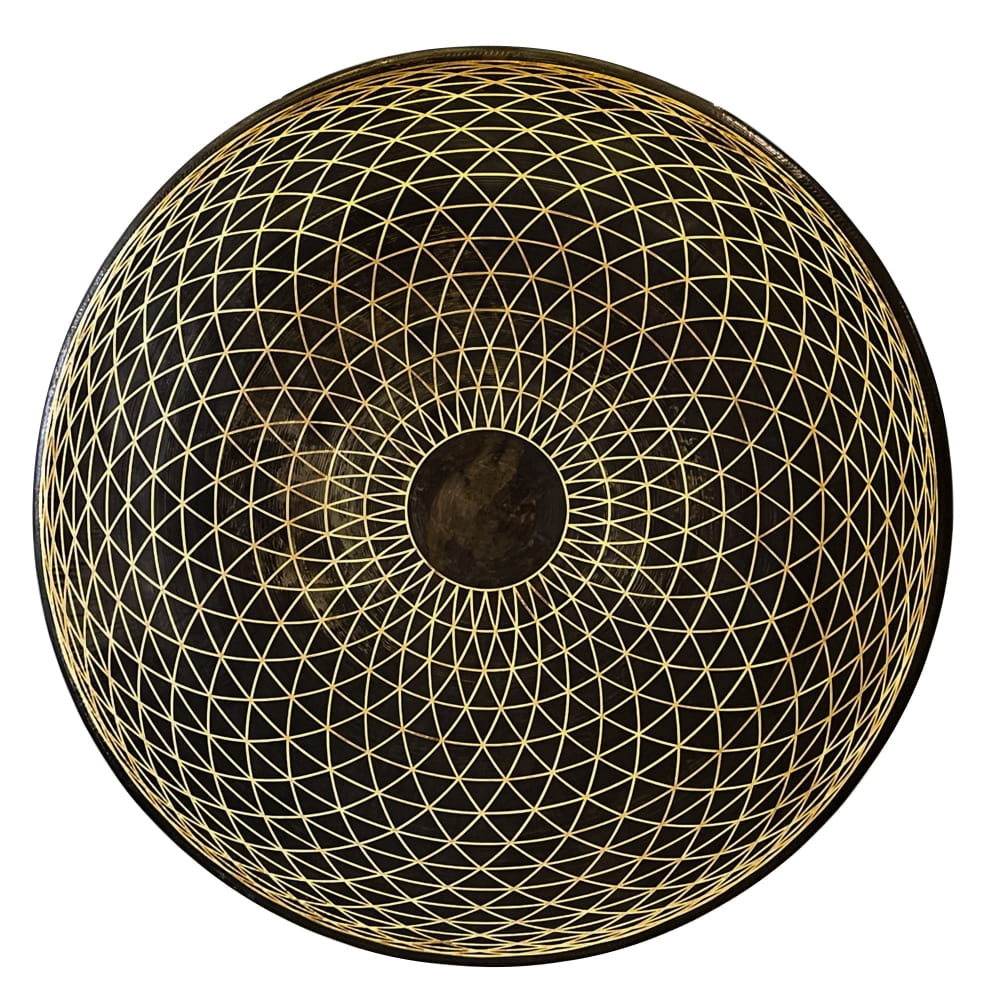 Circular geometric pattern of triangles radiating from a dark center on Hypnotic Eye Gong
